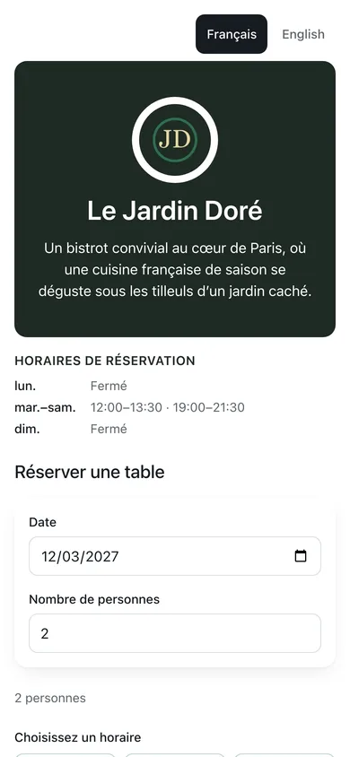 La page de réservation publique d'un restaurant sur un téléphone, à ses couleurs
